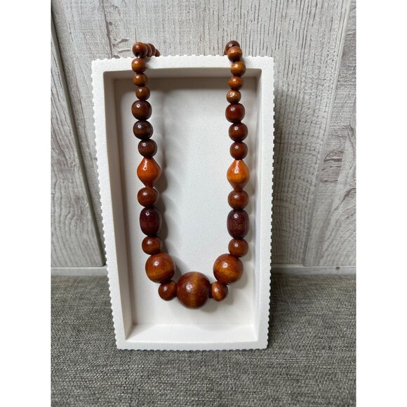 Boho Womens Brown Wooden Beaded Necklace With Graduated Beads & Clasp Closure - Picture 1 of 4
